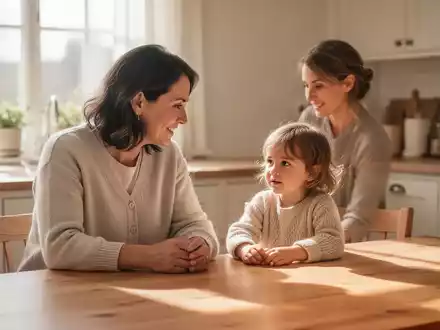 Ein Elternteil und ein Kind sitzen entspannt an einem Küchentisch in einer warmen, lichtdurchfluteten Umgebung. - Foto: über boerse-global.de