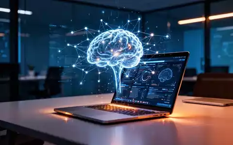 Ein moderner Arbeitsplatz mit einem leuchtenden, holografischen KI-Netzwerk über einem Laptop als Symbol für die IT-Zukunft. - Foto: über boerse-global.de