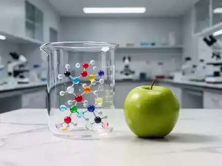 Ein Glasbecher mit molekularen Strukturen und ein grüner Apfel als Symbol für Stoffwechsel und Ernährungswissenschaft. - Foto: über boerse-global.de
