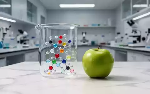 Ein Glasbecher mit molekularen Strukturen und ein grüner Apfel als Symbol für Stoffwechsel und Ernährungswissenschaft. - Foto: über boerse-global.de