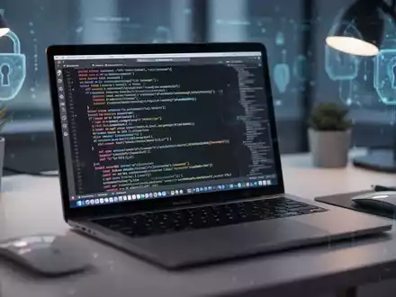 Ein moderner Arbeitsplatz mit einem MacBook, auf dem komplexer Xcode-Code zu sehen ist, in einer Cyber-Security-Umgebung. - Foto: über boerse-global.de