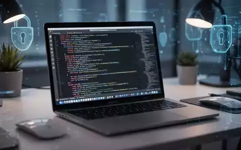 Ein moderner Arbeitsplatz mit einem MacBook, auf dem komplexer Xcode-Code zu sehen ist, in einer Cyber-Security-Umgebung. - Foto: über boerse-global.de