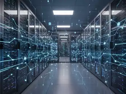 Modernes Rechenzentrum mit digitalen Netzwerkgrafiken als Symbol für Cybersicherheit und KI-Regulierung im Finanzsektor. - Foto: über boerse-global.de