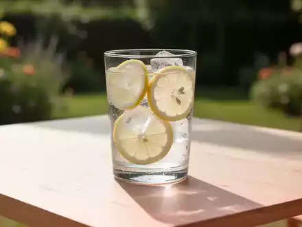 Ein Glas mit Wasser, Eiswürfeln und Zitronenscheiben auf einem Holztisch vor sommerlichem Hintergrund. - Foto: über boerse-global.de