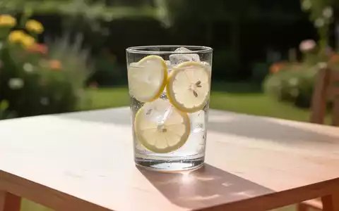 Ein Glas mit Wasser, Eiswürfeln und Zitronenscheiben auf einem Holztisch vor sommerlichem Hintergrund. - Foto: über boerse-global.de