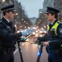 Polizeibeamter bei einer Verkehrskontrolle eines E-Scooter-Fahrers im urbanen Umfeld. - Foto: über boerse-global.de