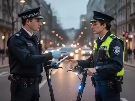Polizeibeamter bei einer Verkehrskontrolle eines E-Scooter-Fahrers im urbanen Umfeld. - Foto: über boerse-global.de