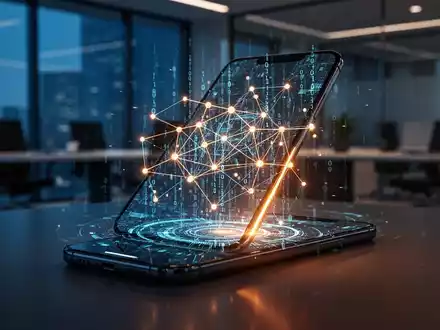 Ein leuchtender Smartphone-Bildschirm mit digitalen Netzwerkgrafiken und BinĂ€rcode als Symbol fĂŒr CyberkriminalitĂ€t. - Foto: ĂŒber boerse-global.de