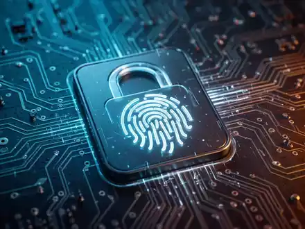 Abstrakte Darstellung von Cybersicherheit mit einem biometrischen Schloss-Symbol auf einer digitalen Leiterplatte. - Foto: über boerse-global.de