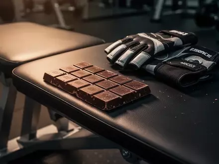 Eine Tafel dunkle Schokolade liegt neben Sport-Handschuhen auf einer Hantelbank in einem Fitnessstudio. - Foto: über boerse-global.de