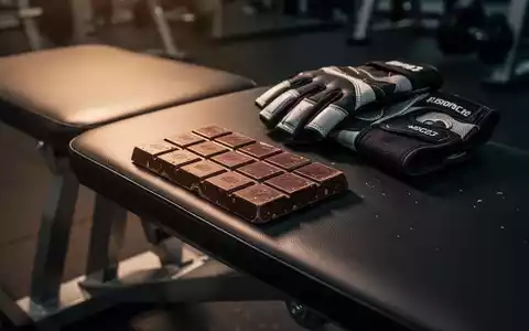 Eine Tafel dunkle Schokolade liegt neben Sport-Handschuhen auf einer Hantelbank in einem Fitnessstudio. - Foto: über boerse-global.de