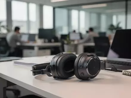Noise-canceling Kopfhörer auf einem modernen Schreibtisch in einem Büro als Symbol für Konzentration und Ruhe. - Foto: über boerse-global.de