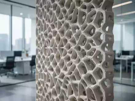 Nahaufnahme einer innovativen, 3D-gedruckten Keramik-Kühlwand mit komplexer, poröser Struktur in einem modernen Büro. - Foto: über boerse-global.de
