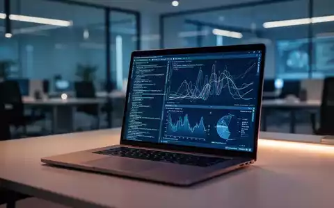 Moderner Büroarbeitsplatz mit einem Laptop, auf dessen Bildschirm komplexe Datenvisualisierungen und Programmcode zu sehen sind. - Foto: über boerse-global.de