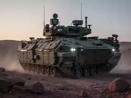 Geländegängiges autonomes Militärlogistikfahrzeug durchquert felsiges Wüstengelände. - Foto: über boerse-global.de