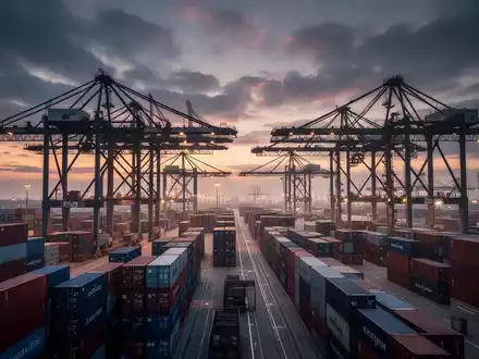 Blick auf einen norddeutschen Containerhafen mit großen Verladekränen und gestapelten Containern in der Dämmerung. - Foto: über boerse-global.de