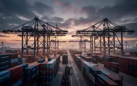 Blick auf einen norddeutschen Containerhafen mit großen Verladekränen und gestapelten Containern in der Dämmerung. - Foto: über boerse-global.de