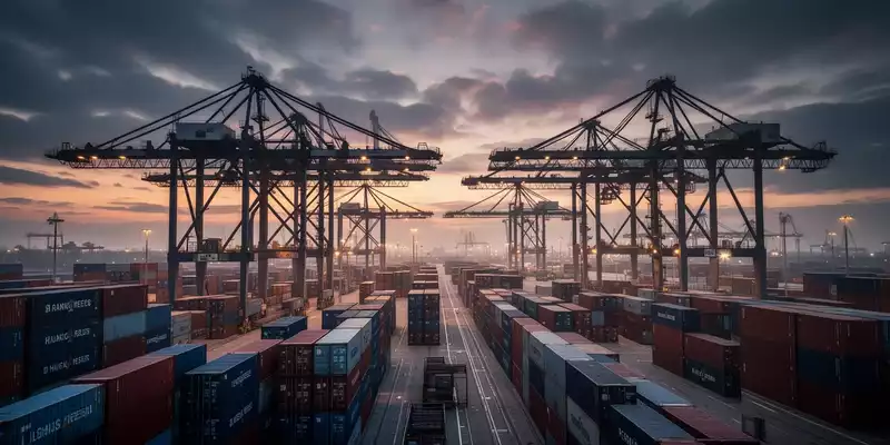 Blick auf einen norddeutschen Containerhafen mit großen Verladekränen und gestapelten Containern in der Dämmerung. - Foto: über boerse-global.de