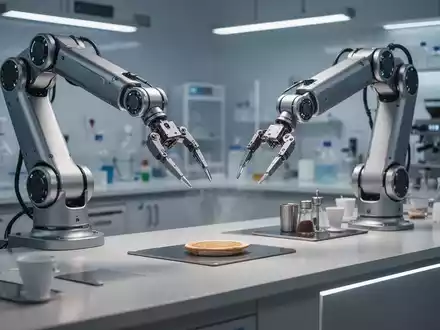 Ein halbhumanoiden Roboterarm arbeitet in einem modernen Café, um physische KI und Präzisionstechnik zu demonstrieren. - Foto: über boerse-global.de