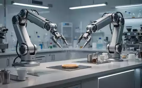 Ein halbhumanoiden Roboterarm arbeitet in einem modernen Café, um physische KI und Präzisionstechnik zu demonstrieren. - Foto: über boerse-global.de
