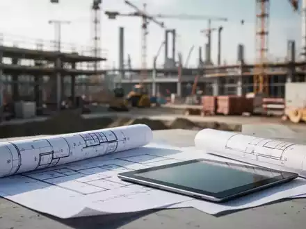 Baupläne und ein Tablet auf einer Baustelle als Symbol für die Interessen mittelständischer Unternehmen bei Bauaufträgen. - Foto: über boerse-global.de