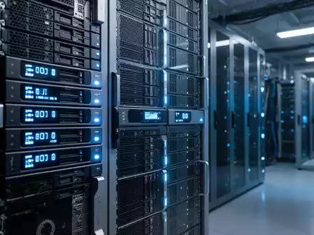 Moderne Enterprise-Bandbibliothek in einem Rechenzentrum mit blauer Beleuchtung für KI-Datenverarbeitung. - Foto: über boerse-global.de