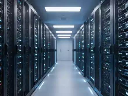 Reihen von Hochleistungs-GPU-Serverracks in einem modernen Rechenzentrum, beleuchtet durch kühles blaues Licht. - Foto: über boerse-global.de