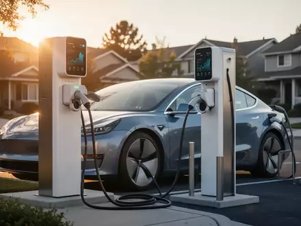 Ein modernes Elektroauto an einer öffentlichen Ladestation in einem Wohngebiet bei Sonnenuntergang. - Foto: über boerse-global.de