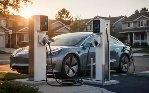 Ein modernes Elektroauto an einer öffentlichen Ladestation in einem Wohngebiet bei Sonnenuntergang. - Foto: ĂŒber boerse-global.de