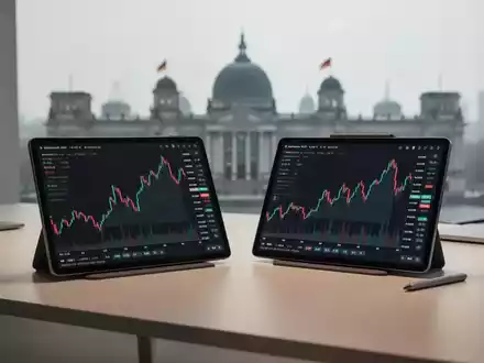 Digitales Tablet mit Bitcoin-Kurs vor der Silhouette des Reichstagsgebäudes in einer professionellen Büroumgebung. - Foto: über boerse-global.de