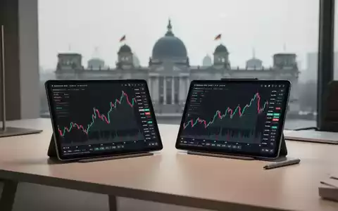 Digitales Tablet mit Bitcoin-Kurs vor der Silhouette des Reichstagsgebäudes in einer professionellen Büroumgebung. - Foto: über boerse-global.de