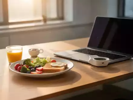 Ein minimalistisches, gesundes Frühstück auf einem modernen Schreibtisch neben einem Laptop bei morgendlichem Sonnenlicht. - Foto: über boerse-global.de