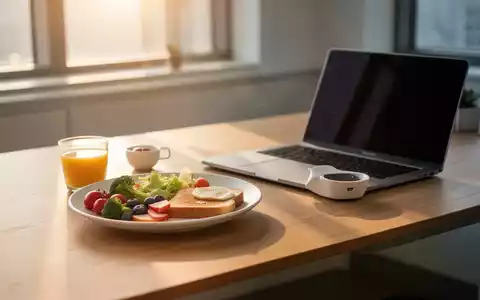 Ein minimalistisches, gesundes Frühstück auf einem modernen Schreibtisch neben einem Laptop bei morgendlichem Sonnenlicht. - Foto: über boerse-global.de