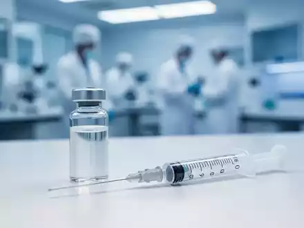 Eine medizinische Ampulle und eine Spritze auf einem sauberen, sterilen Labortisch in einer modernen Klinik. - Foto: über boerse-global.de