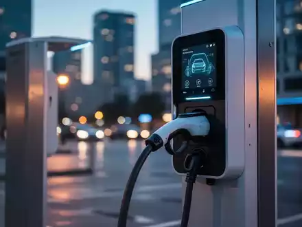 Moderne Ladesäule für Elektroautos in einer städtischen Umgebung bei Dämmerung mit Fokus auf digitale Sicherheit. - Foto: über boerse-global.de