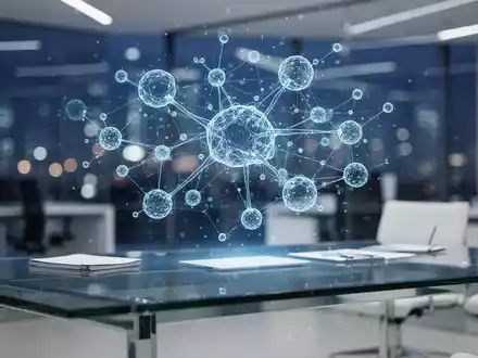 Holografische Datenvisualisierung vernetzter Knotenpunkte, die KI-Technologie in einem modernen Büro darstellt. - Foto: über boerse-global.de
