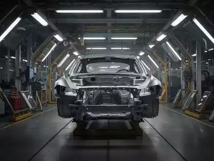 Ein einsames Autochassis in einer düster beleuchteten Montagehalle als Symbol für die Krise der Automobilindustrie. - Foto: über boerse-global.de