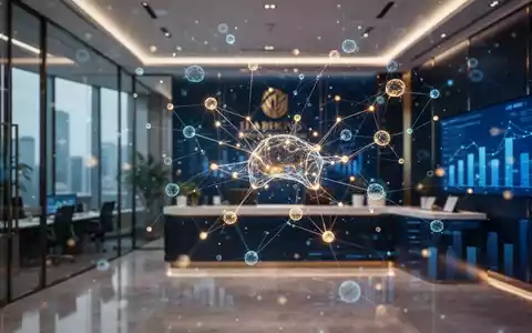 Digitale Überlagerung leuchtender neuronaler Netze und Datenknoten in einer modernen Bank, die fortschrittliche KI-Integration darstellt. - Foto: über boerse-global.de