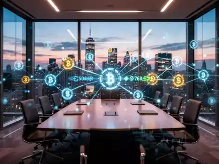 Digitale Visualisierung eines Blockchain-Netzwerks über einer Unternehmensfinanzbüro-Umgebung. - Foto: über boerse-global.de