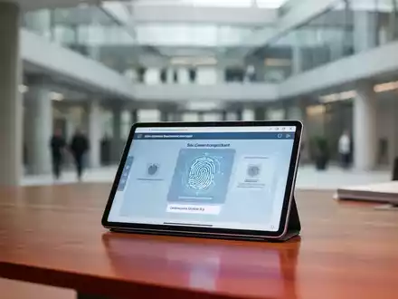Ein digitales Tablet mit sicherer Identifikationsoberfläche auf einem Schreibtisch in einem modernen deutschen Regierungsbüro. - Foto: über boerse-global.de