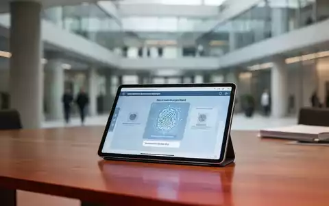 Ein digitales Tablet mit sicherer Identifikationsoberfläche auf einem Schreibtisch in einem modernen deutschen Regierungsbüro. - Foto: über boerse-global.de