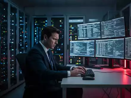 Ein gestresster IT-Sicherheitsverantwortlicher sitzt in einem abgedunkelten Büro vor leuchtenden Server-Monitoren. - Foto: über boerse-global.de