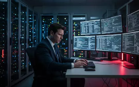 Ein gestresster IT-Sicherheitsverantwortlicher sitzt in einem abgedunkelten Büro vor leuchtenden Server-Monitoren. - Foto: über boerse-global.de