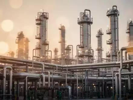 Moderne petrochemische Industrieanlage mit komplexen Rohrleitungssystemen und Destillationstürmen bei Sonnenuntergang. - Foto: über boerse-global.de