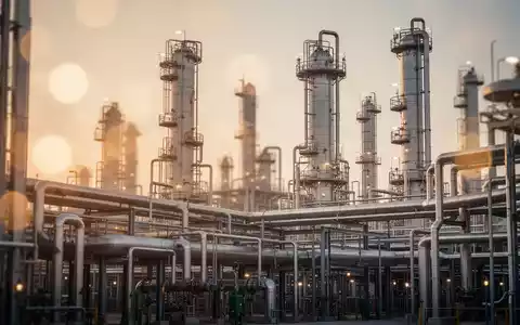Moderne petrochemische Industrieanlage mit komplexen Rohrleitungssystemen und Destillationstürmen bei Sonnenuntergang. - Foto: über boerse-global.de