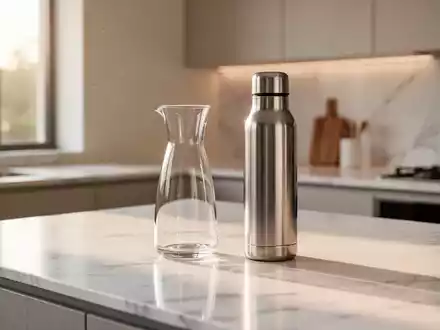 Minimalistische, moderne Küche mit einer hochwertigen Glaskaraffe und einer Thermoflasche auf einer hellen Arbeitsfläche. - Foto: über boerse-global.de