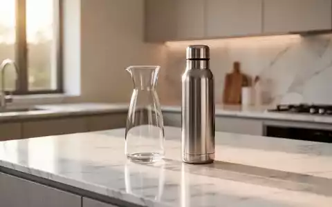 Minimalistische, moderne Küche mit einer hochwertigen Glaskaraffe und einer Thermoflasche auf einer hellen Arbeitsfläche. - Foto: über boerse-global.de