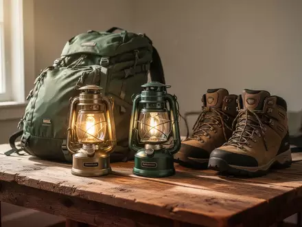 Gebrauchte Reise- und Campingausrüstung wie Rucksack und Wanderschuhe auf einem Holztisch bei natürlichem Licht. - Foto: über boerse-global.de