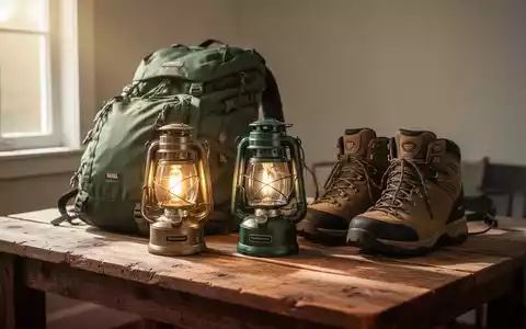 Gebrauchte Reise- und Campingausrüstung wie Rucksack und Wanderschuhe auf einem Holztisch bei natürlichem Licht. - Foto: über boerse-global.de