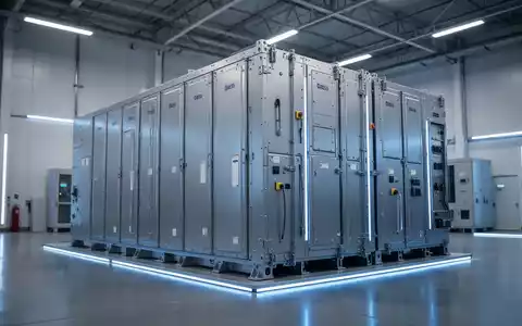 Ein hochmodernes, großformatiges Lithium-Ionen-Batteriespeichersystem in einer industriellen Fertigungshalle. - Foto: über boerse-global.de